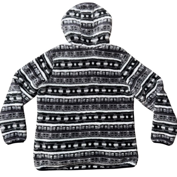LL Bean Womens Large Fleece Hoodie Black White Fair Isle Pullover 512317 - Picture 2 of 11